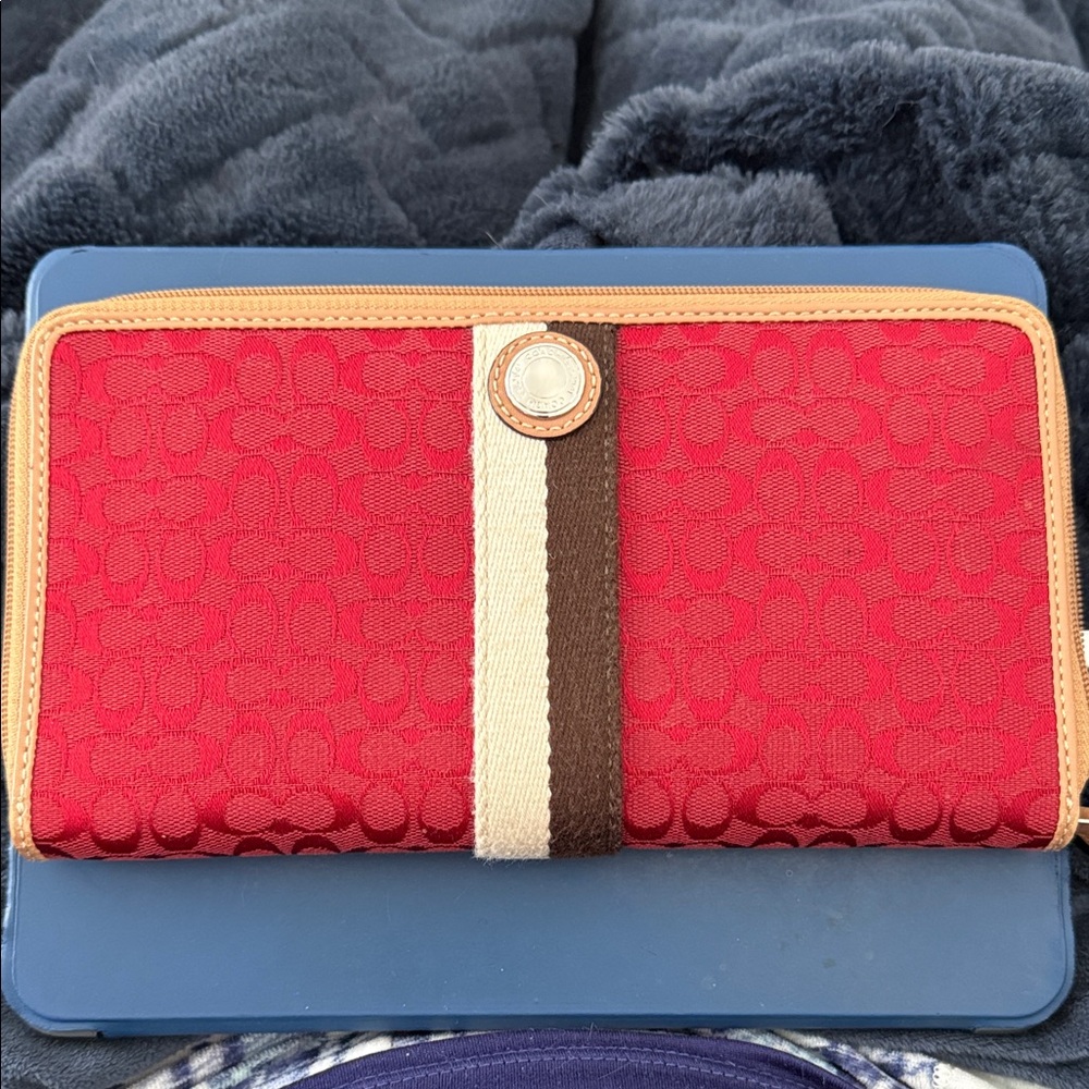 Coach Red & Tan Wallet with Stripe